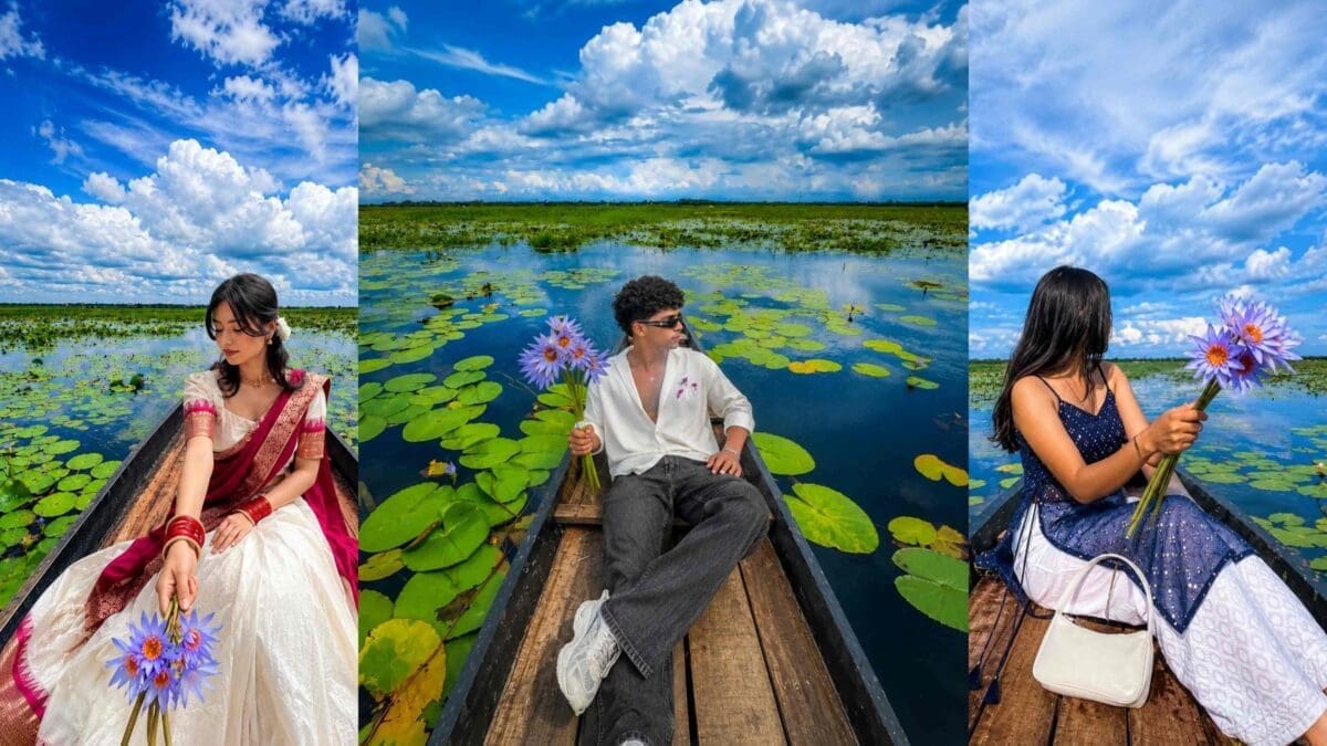 Girl Sitting in Boat AI Photo Editing Prompt with Water Lily Flowers and Cinematic Nature Background